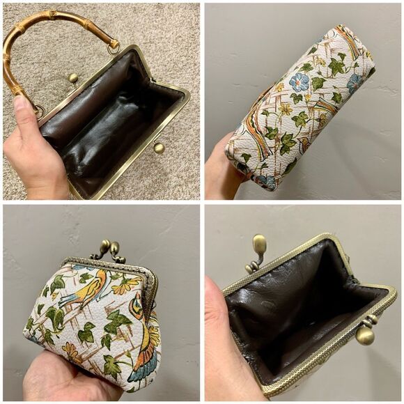 Floral Print Premium Cowhide Handmade Real Bamboo Handle Kisslock Handbag Set - Picture 16 of 16